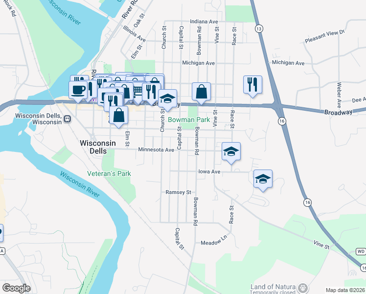 map of restaurants, bars, coffee shops, grocery stores, and more near 532 Capital Street in Wisconsin Dells