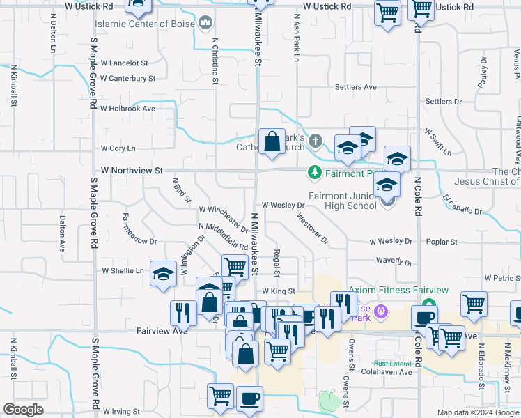 map of restaurants, bars, coffee shops, grocery stores, and more near 2137 Regal Drive in Boise
