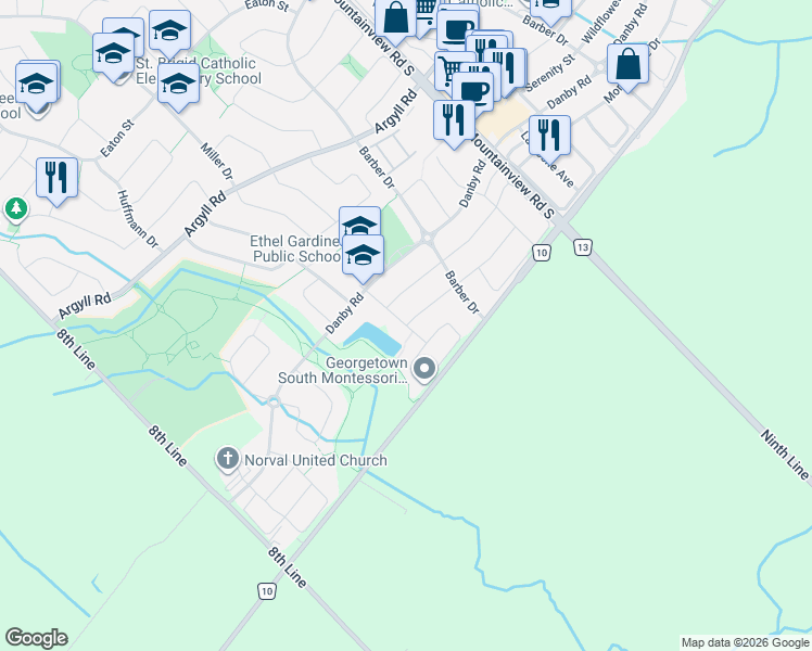 map of restaurants, bars, coffee shops, grocery stores, and more near 10 Silver Pond Drive in Halton Hills