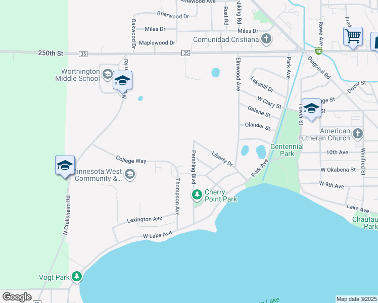 map of restaurants, bars, coffee shops, grocery stores, and more near 921 Pershing Boulevard in Worthington