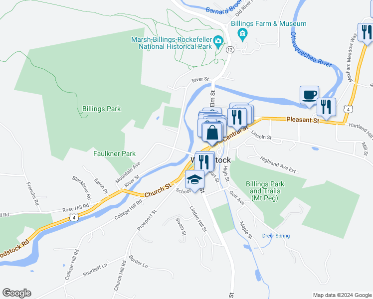 map of restaurants, bars, coffee shops, grocery stores, and more near Mountain Avenue in Woodstock