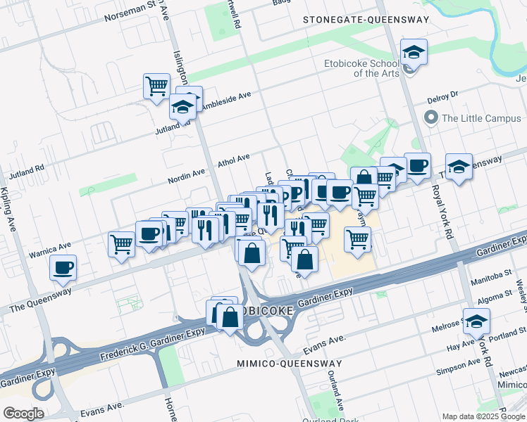 map of restaurants, bars, coffee shops, grocery stores, and more near in Toronto