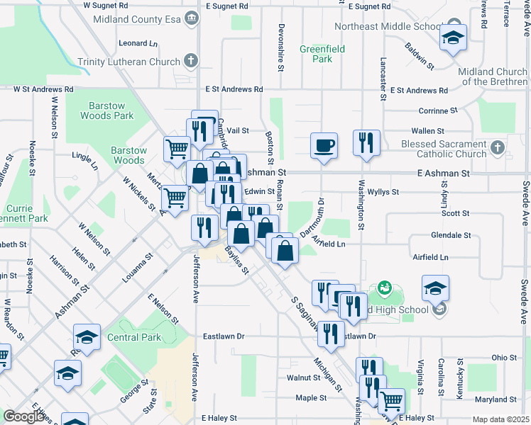 map of restaurants, bars, coffee shops, grocery stores, and more near 2803 Cambridge Street in Midland