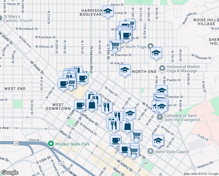 map of restaurants, bars, coffee shops, grocery stores, and more near 1316 West Hays Street in Boise
