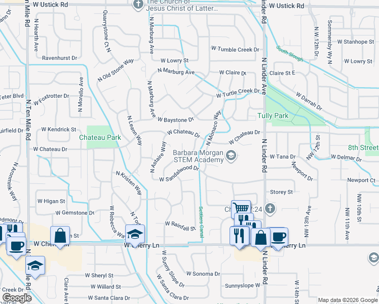 map of restaurants, bars, coffee shops, grocery stores, and more near 2202 North Glennfield Way in Meridian