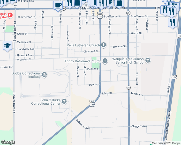 map of restaurants, bars, coffee shops, grocery stores, and more near 601 Cochrane Street in Waupun