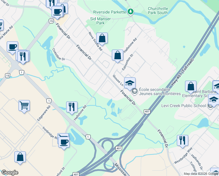 map of restaurants, bars, coffee shops, grocery stores, and more near 47 Legendary Circle in Brampton