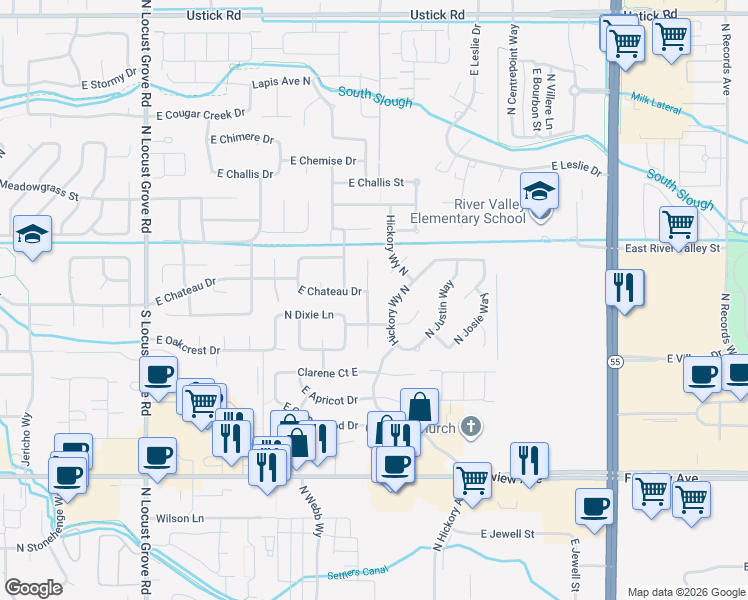 map of restaurants, bars, coffee shops, grocery stores, and more near 2150 North Hickory Way in Meridian