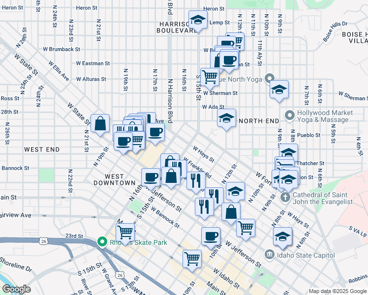 map of restaurants, bars, coffee shops, grocery stores, and more near 1453 West Hays Street in Boise