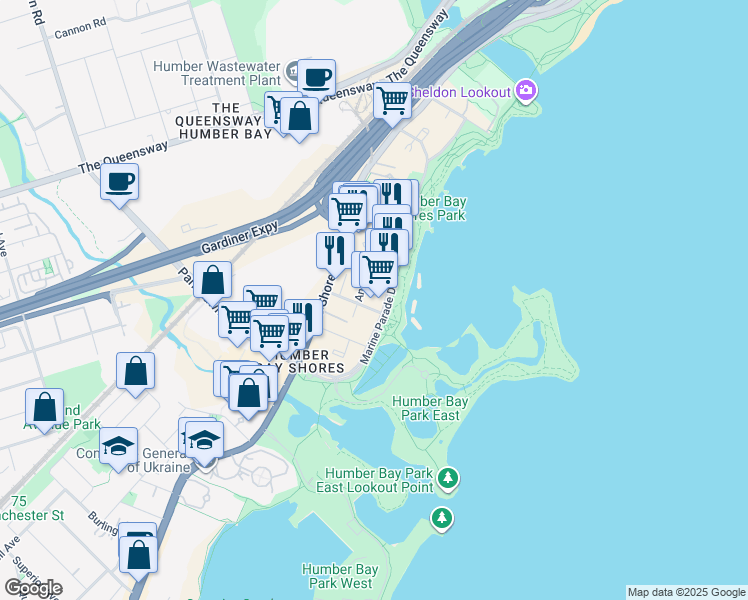 map of restaurants, bars, coffee shops, grocery stores, and more near 59 Annie Craig Drive in Toronto