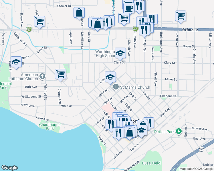 map of restaurants, bars, coffee shops, grocery stores, and more near 1111 8th Avenue in Worthington