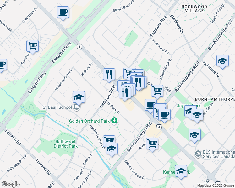 map of restaurants, bars, coffee shops, grocery stores, and more near 1360 Rathburn Road East in Mississauga