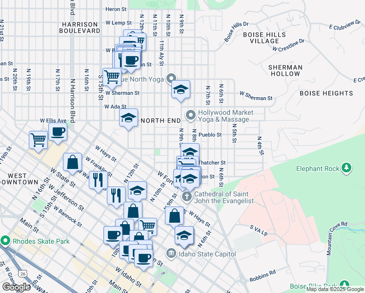 map of restaurants, bars, coffee shops, grocery stores, and more near 1115 North 9th Street in Boise