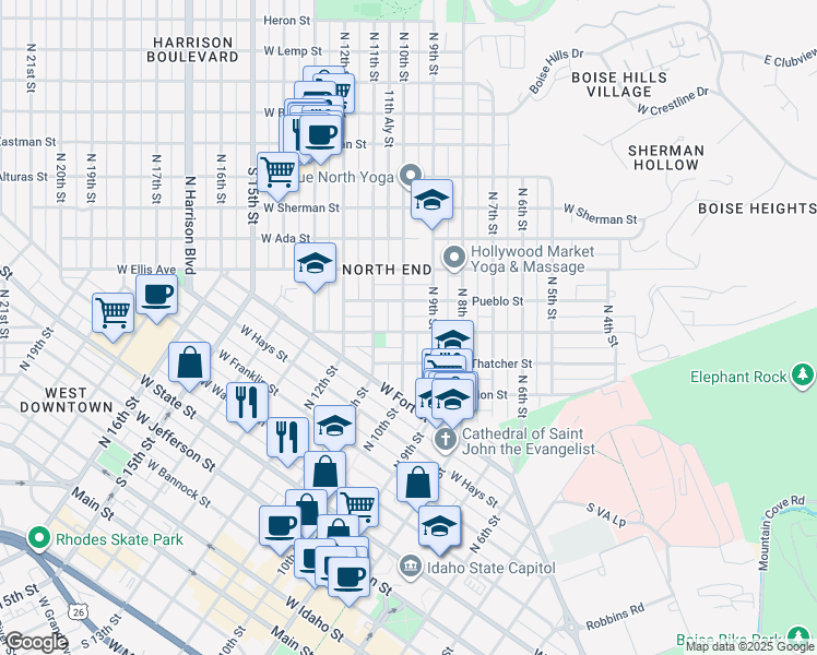 map of restaurants, bars, coffee shops, grocery stores, and more near 1115 North 9th Street in Boise