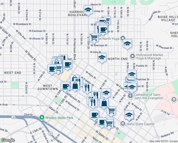 map of restaurants, bars, coffee shops, grocery stores, and more near 1316 West Hays Street in Boise