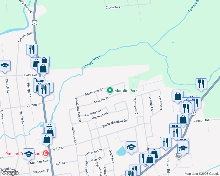 map of restaurants, bars, coffee shops, grocery stores, and more near 14 Sherwood Road in Rutland
