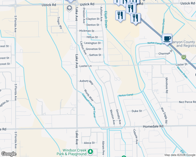map of restaurants, bars, coffee shops, grocery stores, and more near 5014 Weston Avenue in Caldwell