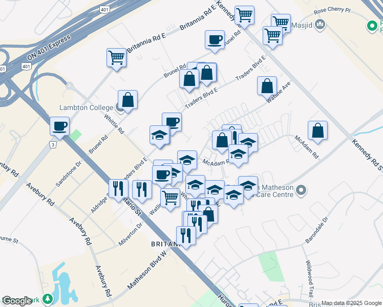 map of restaurants, bars, coffee shops, grocery stores, and more near 212 Watline Avenue in Mississauga