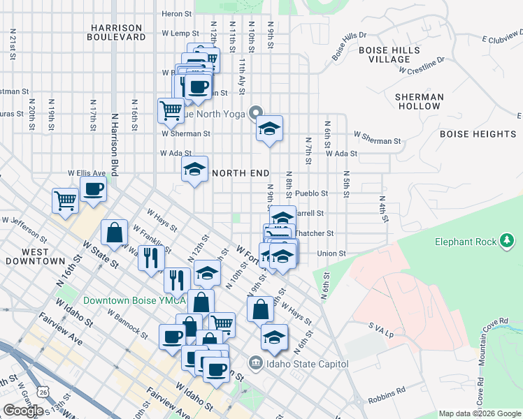 map of restaurants, bars, coffee shops, grocery stores, and more near 1115 North 9th Street in Boise