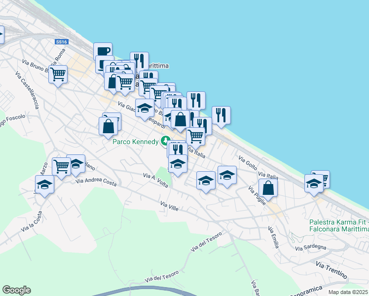 map of restaurants, bars, coffee shops, grocery stores, and more near 6 Via Isonzo in Falconara Marittima