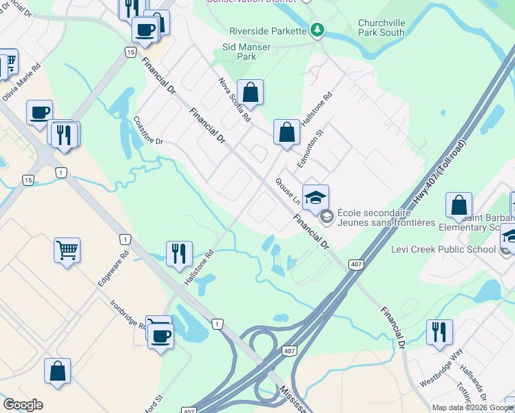 map of restaurants, bars, coffee shops, grocery stores, and more near 29 Legendary Circle in Brampton