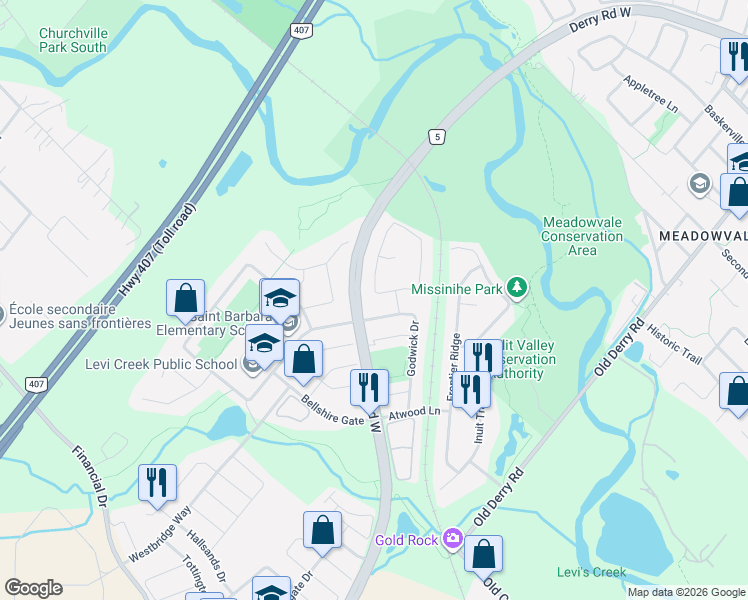 map of restaurants, bars, coffee shops, grocery stores, and more near 1458 Quest Circle in Mississauga