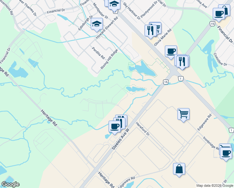 map of restaurants, bars, coffee shops, grocery stores, and more near Gladiolus Street in Brampton