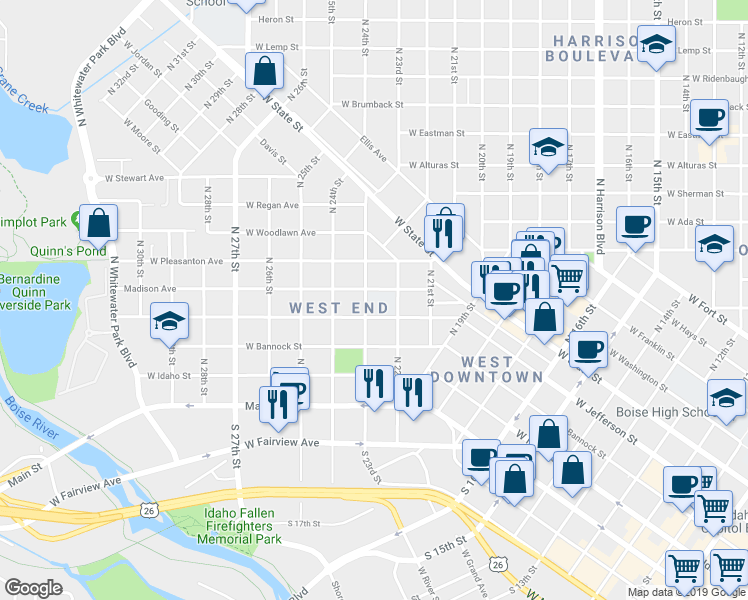 map of restaurants, bars, coffee shops, grocery stores, and more near 2215 Madison Avenue in Boise