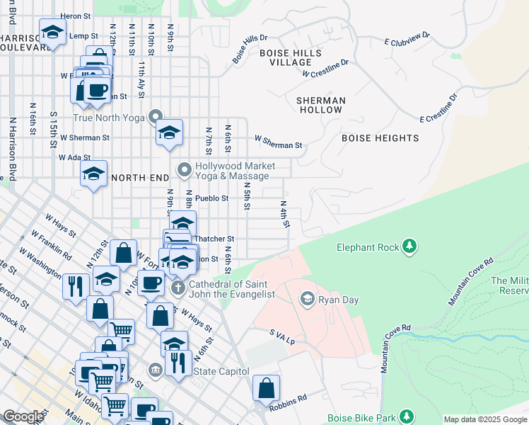 map of restaurants, bars, coffee shops, grocery stores, and more near 415 Ofarrell Street in Boise