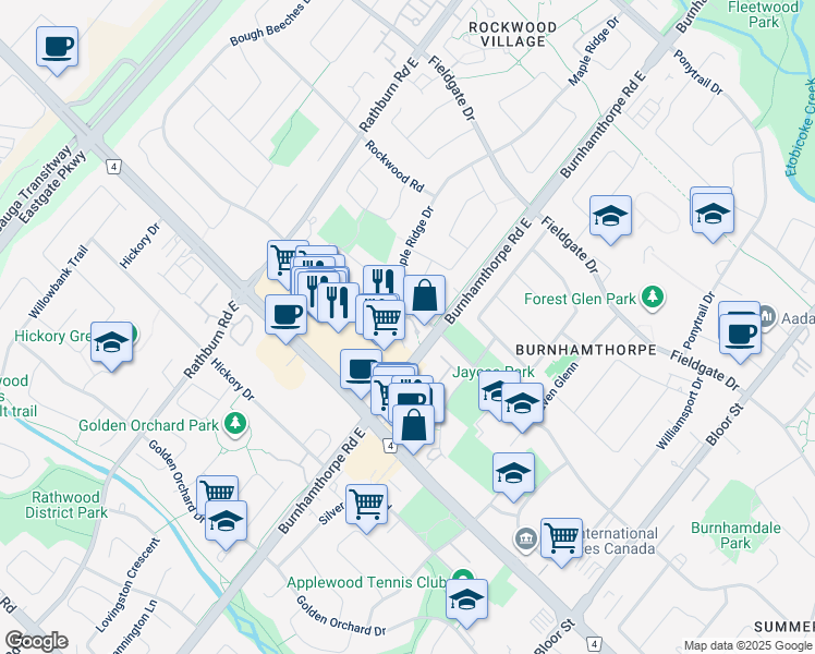 map of restaurants, bars, coffee shops, grocery stores, and more near in Mississauga
