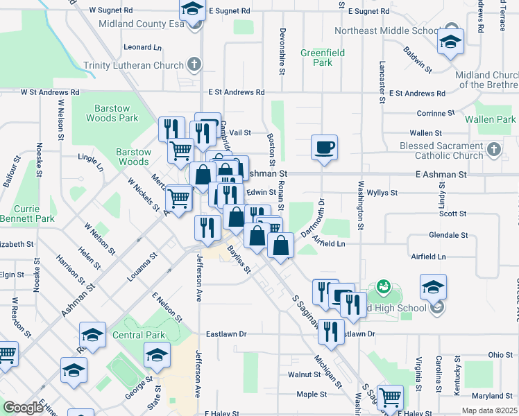 map of restaurants, bars, coffee shops, grocery stores, and more near 2803 Cambridge Street in Midland