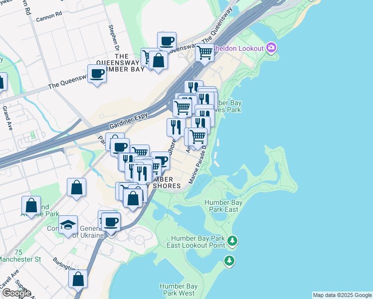 map of restaurants, bars, coffee shops, grocery stores, and more near 60 Annie Craig Drive in Toronto