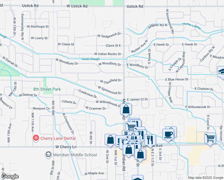 map of restaurants, bars, coffee shops, grocery stores, and more near 137 West Spicewood Drive in Meridian