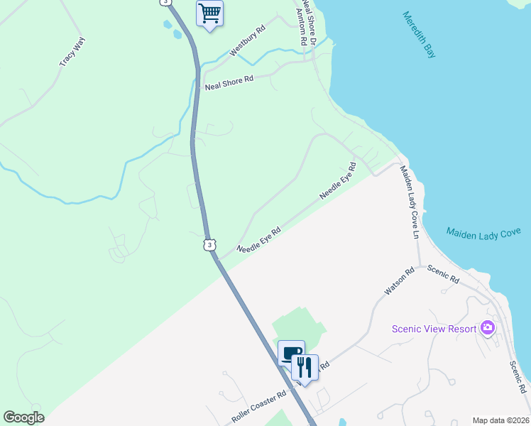map of restaurants, bars, coffee shops, grocery stores, and more near 23 Needle Eye Road in Meredith