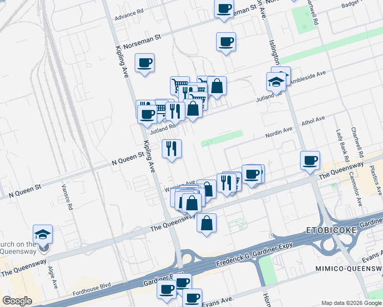 map of restaurants, bars, coffee shops, grocery stores, and more near 54 Trueman Avenue in Toronto