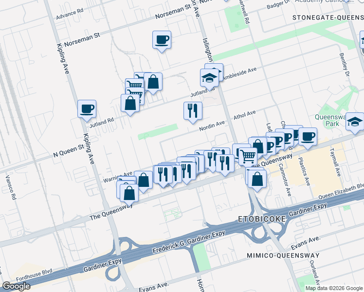 map of restaurants, bars, coffee shops, grocery stores, and more near 32 Bradfield Avenue in Toronto