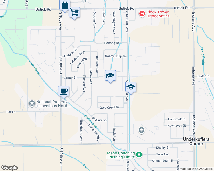 map of restaurants, bars, coffee shops, grocery stores, and more near 1102 Laster Street in Caldwell