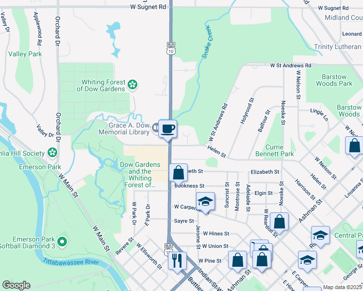 map of restaurants, bars, coffee shops, grocery stores, and more near 1605 West Street Andrews Road in Midland