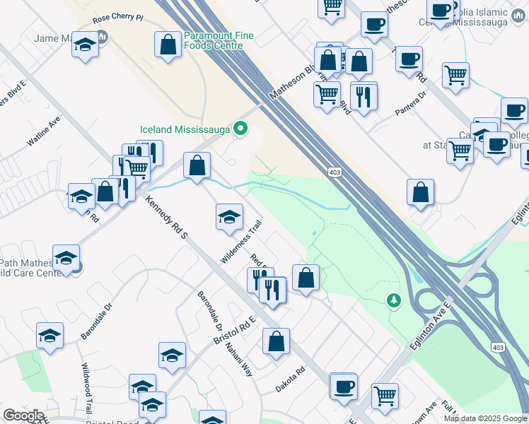 map of restaurants, bars, coffee shops, grocery stores, and more near 5389 Wilderness Trail in Mississauga