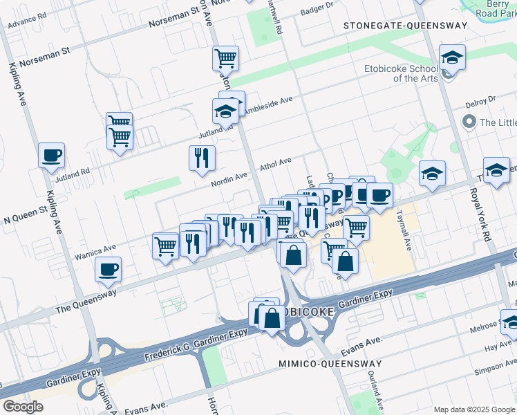 map of restaurants, bars, coffee shops, grocery stores, and more near 920 Islington Avenue in Toronto