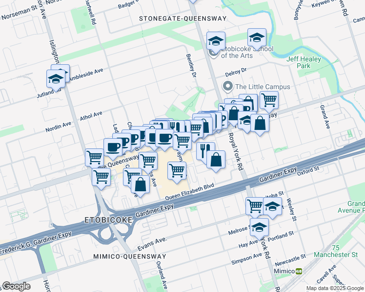 map of restaurants, bars, coffee shops, grocery stores, and more near in Toronto