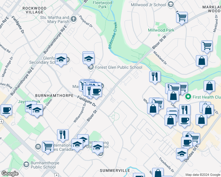 map of restaurants, bars, coffee shops, grocery stores, and more near in Mississauga