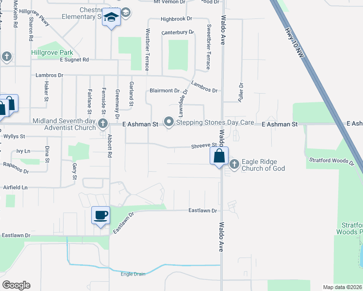 map of restaurants, bars, coffee shops, grocery stores, and more near 3009 Grant Lane in Midland