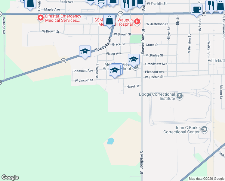map of restaurants, bars, coffee shops, grocery stores, and more near 814 Pattee Drive in Waupun