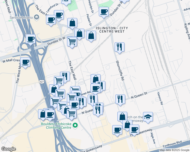 map of restaurants, bars, coffee shops, grocery stores, and more near 55 Medulla Avenue in Toronto