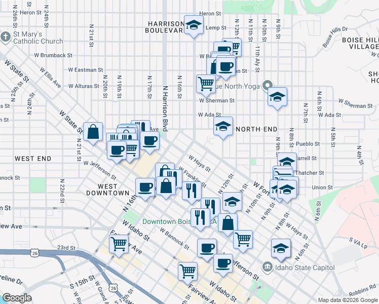 map of restaurants, bars, coffee shops, grocery stores, and more near 1453 West Hays Street in Boise