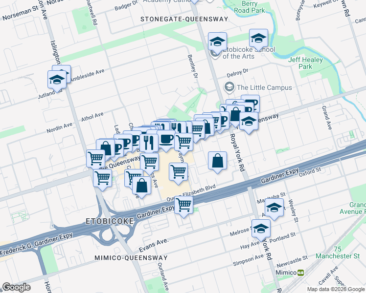 map of restaurants, bars, coffee shops, grocery stores, and more near 801 The Queensway in Toronto