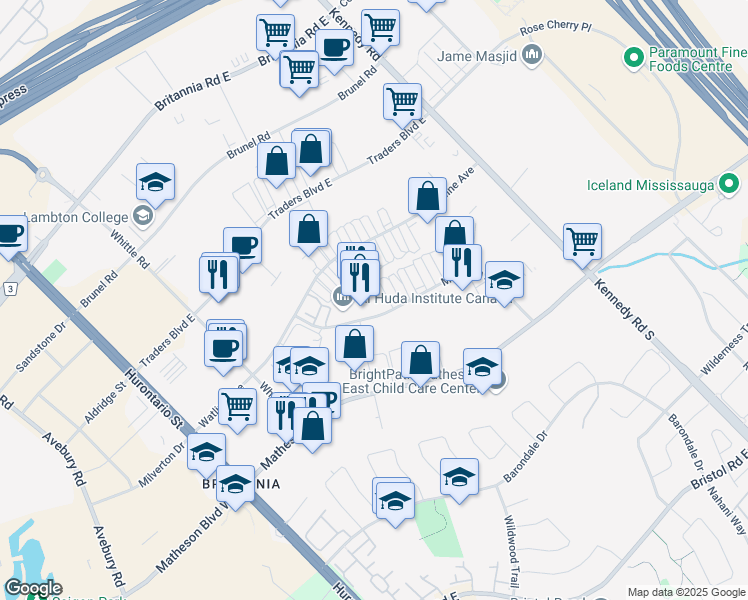 map of restaurants, bars, coffee shops, grocery stores, and more near 5653 McAdam Road in Mississauga