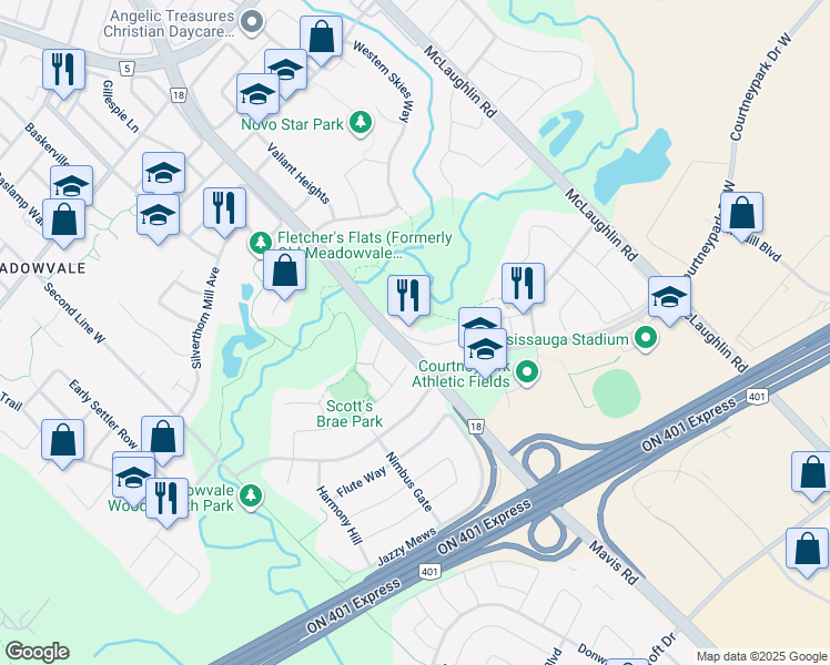 map of restaurants, bars, coffee shops, grocery stores, and more near 6399 Spinnaker Circle in Mississauga