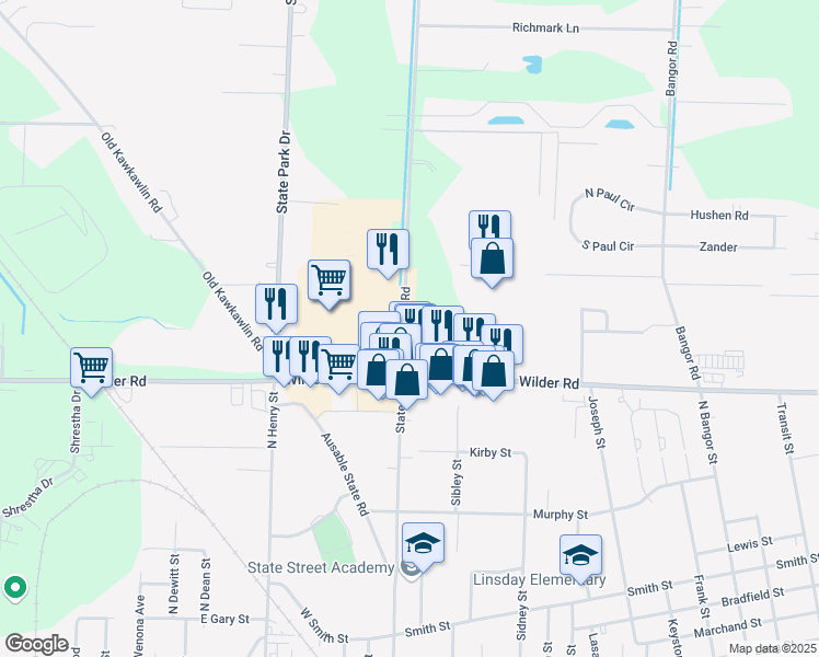 map of restaurants, bars, coffee shops, grocery stores, and more near 3175 Wilder Road in Bay City